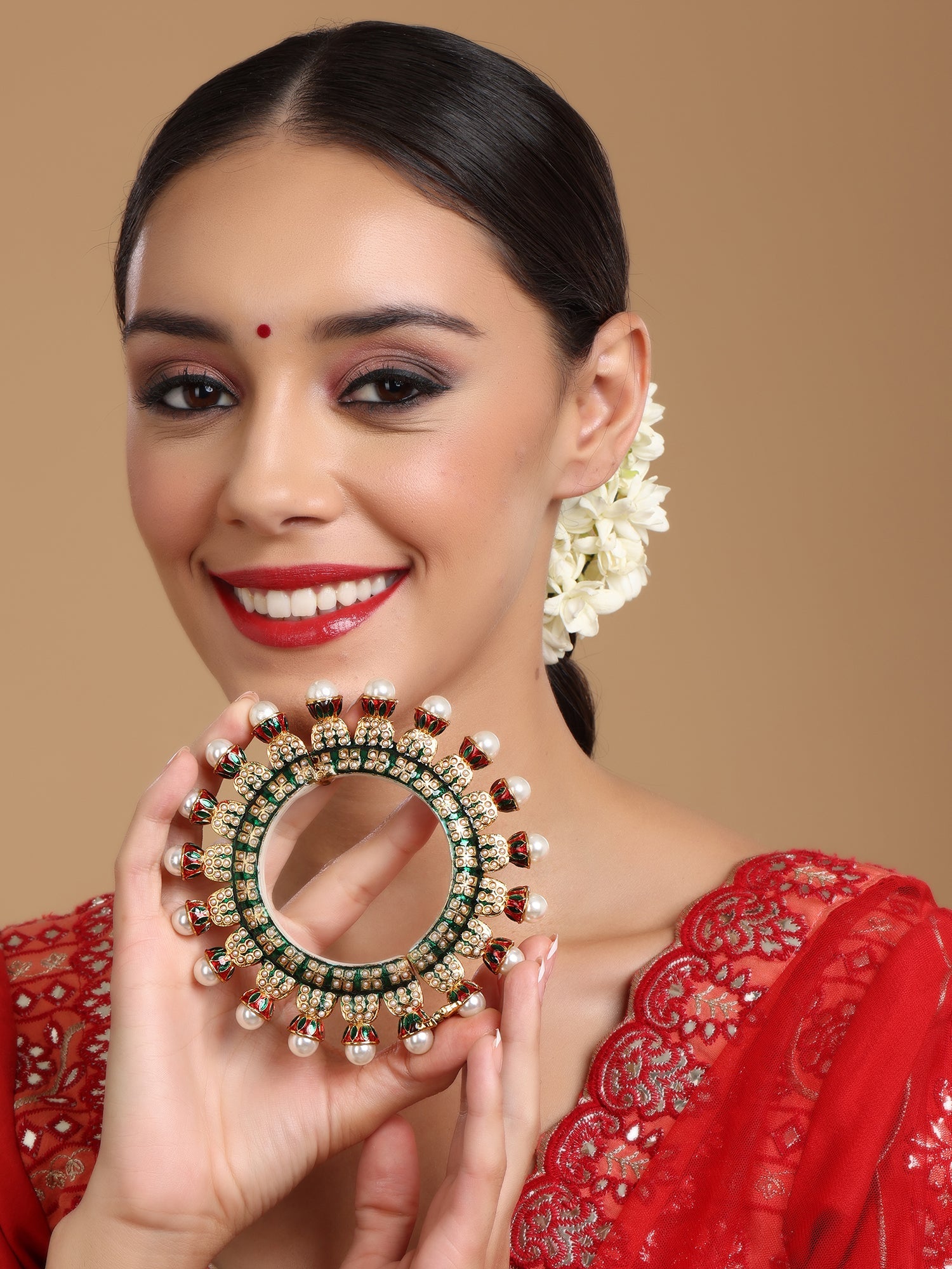 Oversized Pearl Meenakari Handcrafted Heavy Bangle - Ruby Raang - Distacart