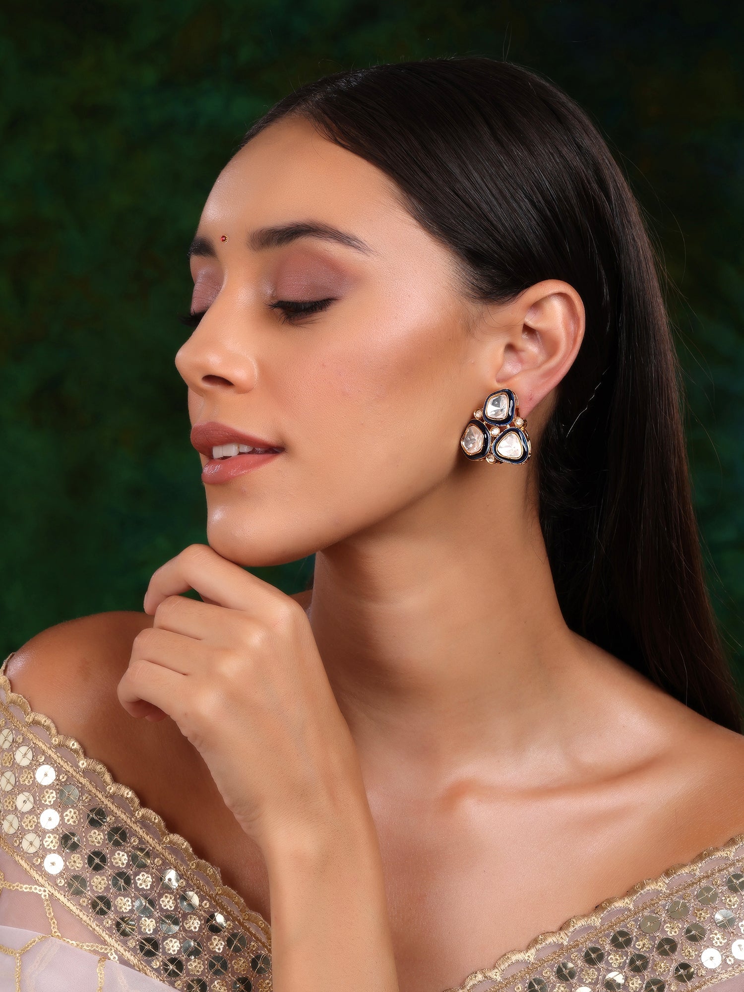 Three Stone Blue Meenakari Kundan Earrings - Ruby Raang - Distacart