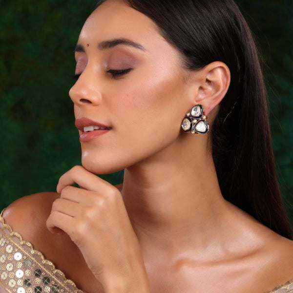 Three Stone Blue Meenakari Kundan Earrings - Ruby Raang - Distacart