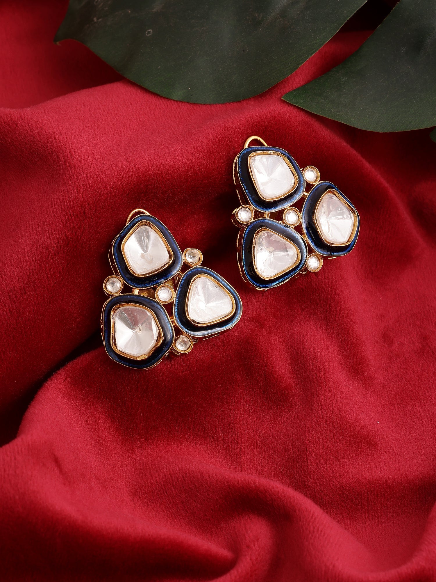 Three Stone Blue Meenakari Kundan Earrings - Ruby Raang - Distacart