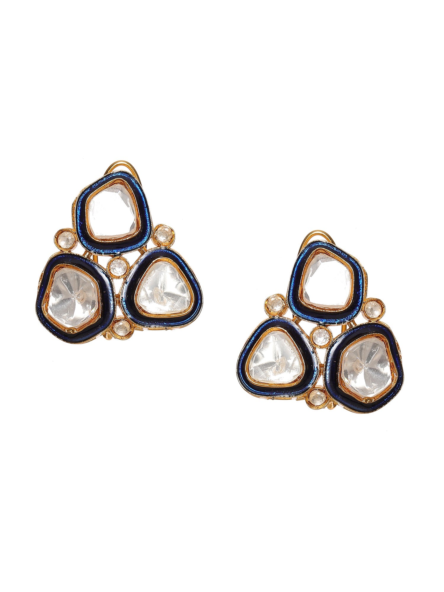Three Stone Blue Meenakari Kundan Earrings - Ruby Raang
