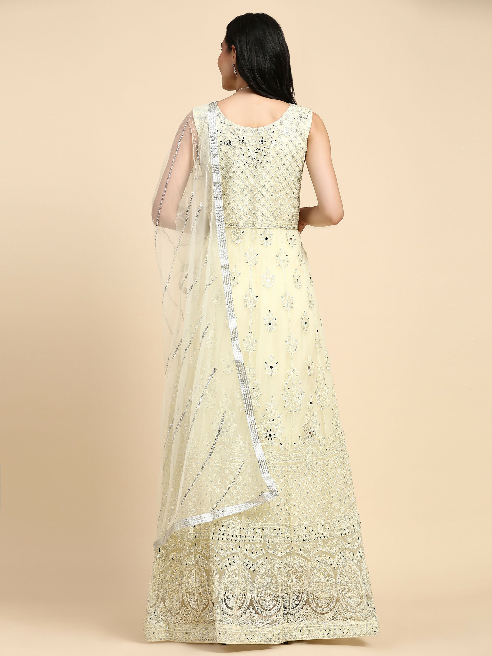 Yellow Net Hand Embroidered Gown - Rudrani - Distacart