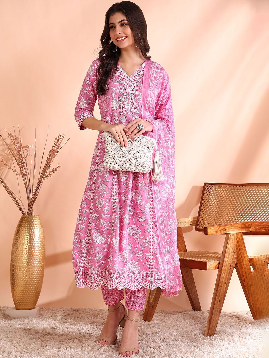Ode by House of Pataudi Thread Work Pure Cotton Anarkali Kurta with Trousers & Dupatta - Distacart