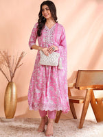 Thumbnail for Ode by House of Pataudi Thread Work Pure Cotton Anarkali Kurta with Trousers & Dupatta - Distacart
