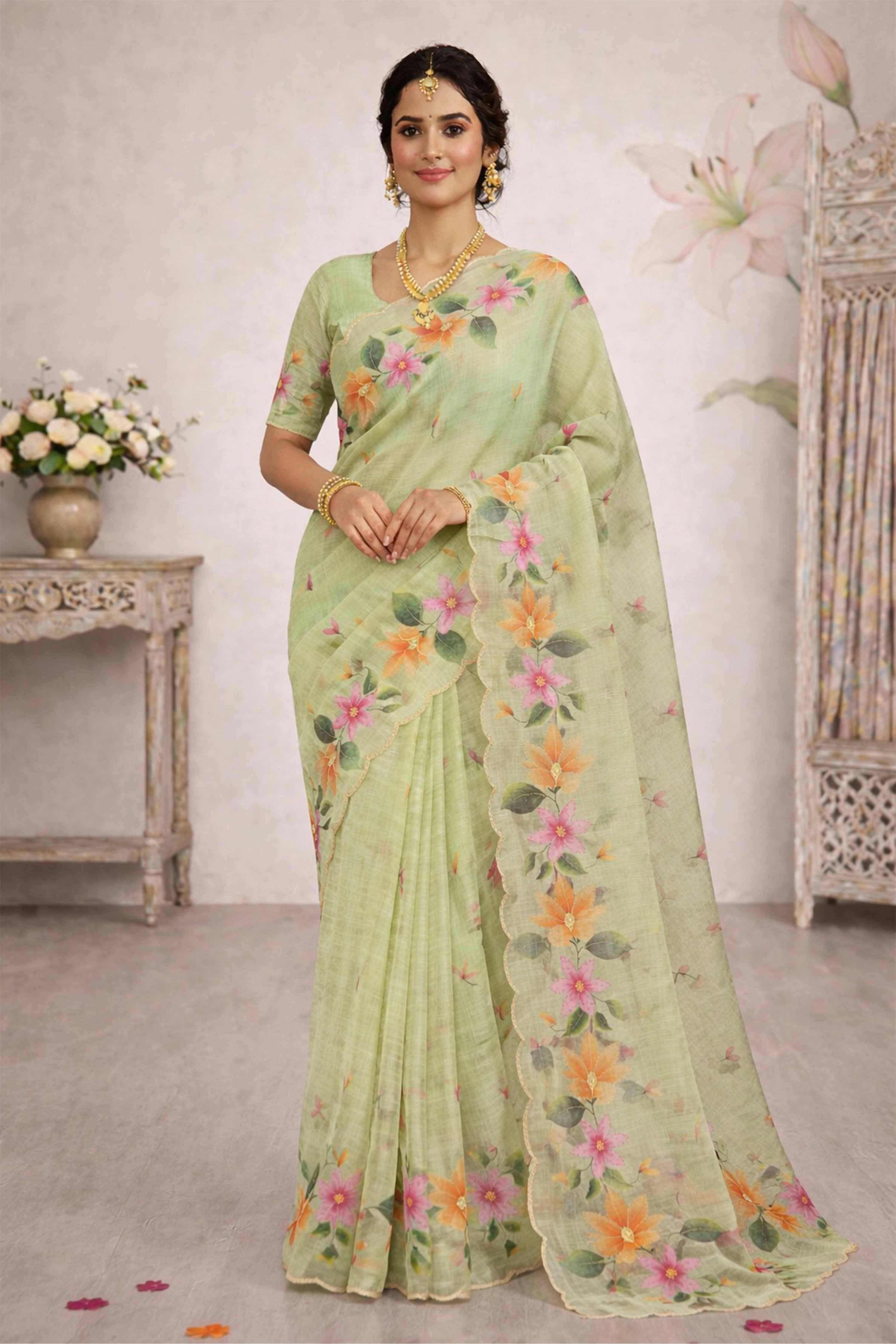 Sangam Prints Green Cotton Print Woven Work Traditional Saree - Dista
