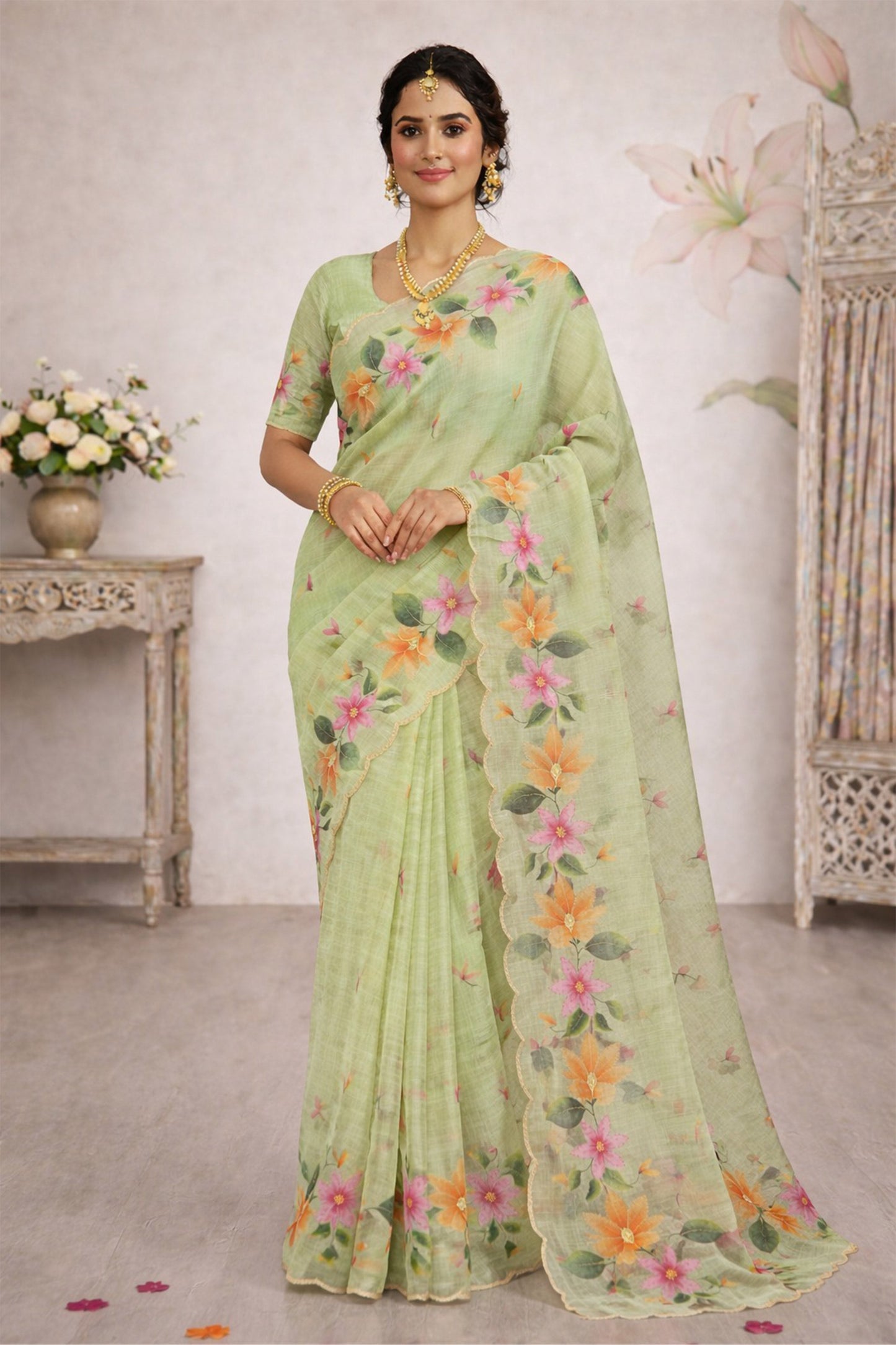 Sangam Prints Green Cotton Print Woven Work Traditional Saree - Dista
