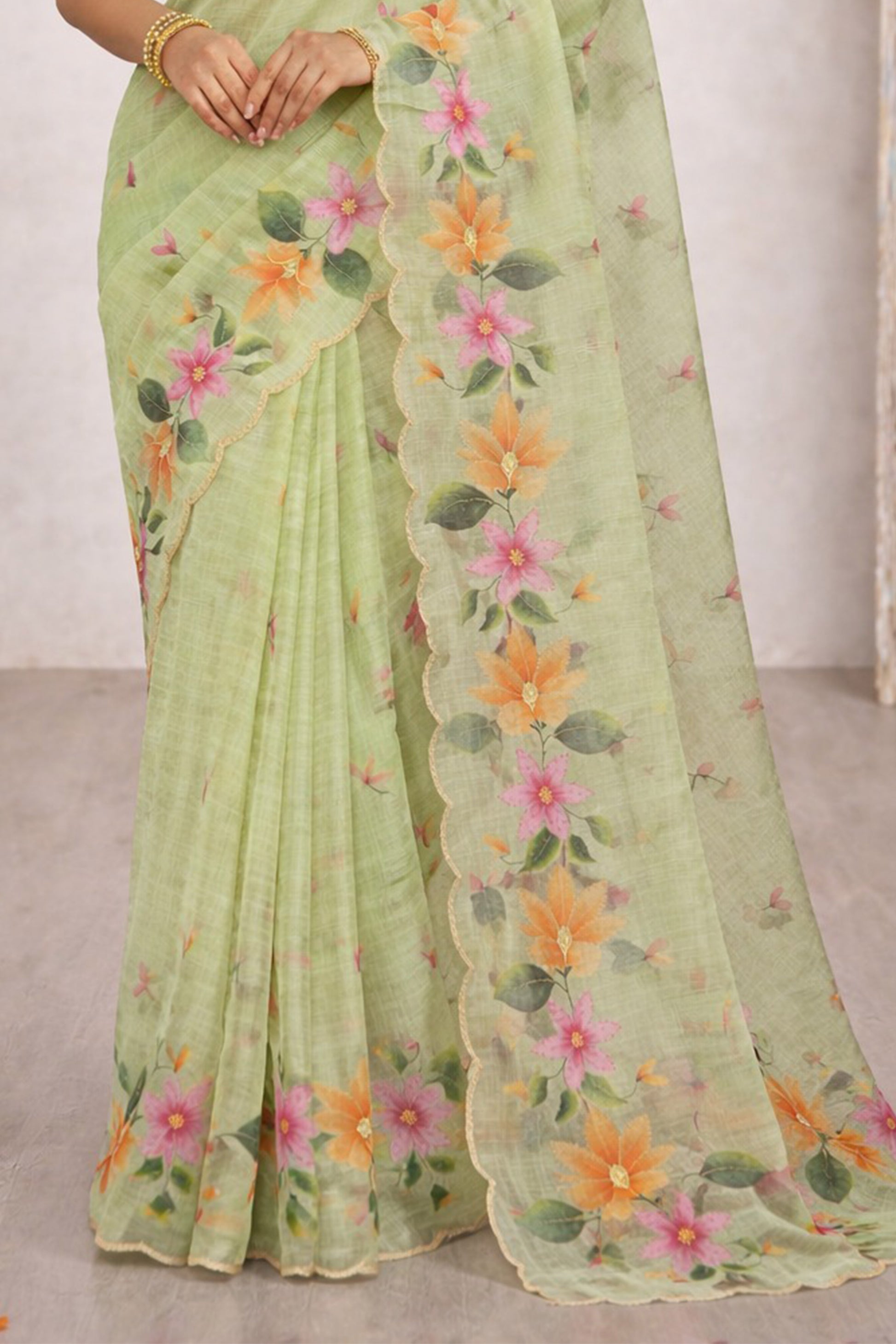 Sangam Prints Green Cotton Print Woven Work Traditional Saree - Dista