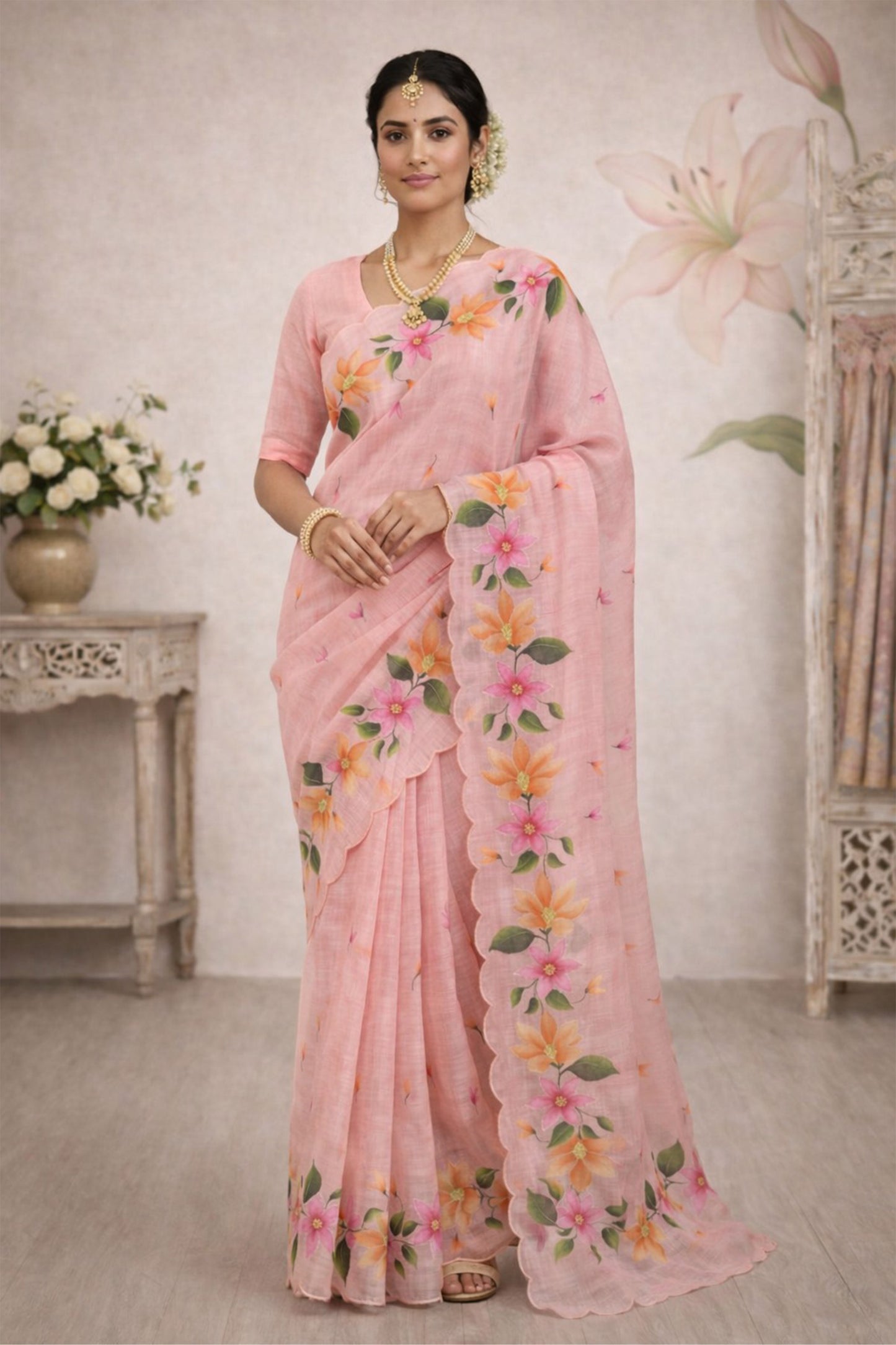 Sangam Prints Pink Cotton Print Woven Work Traditional Saree - Dista