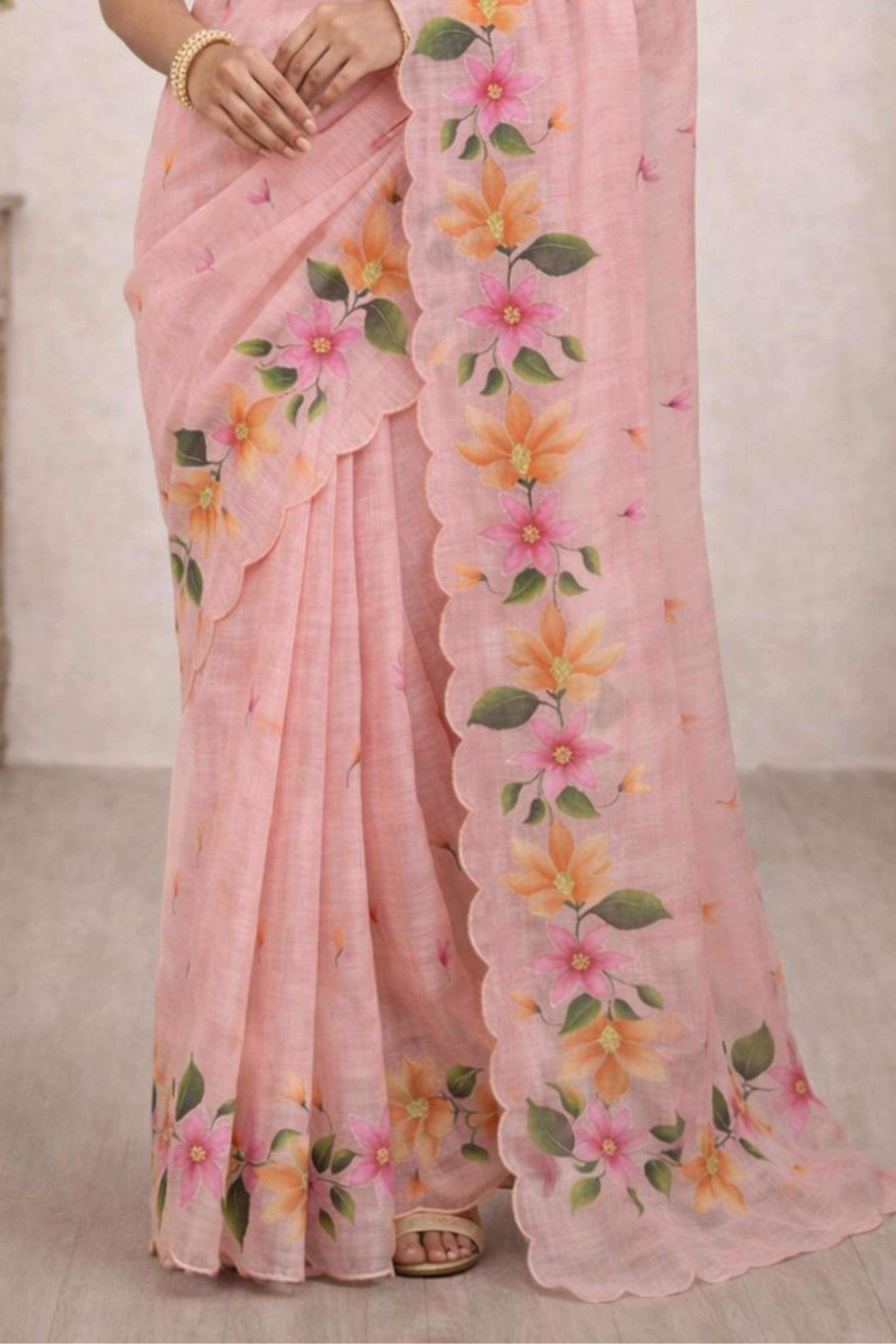 Sangam Prints Pink Cotton Print Woven Work Traditional Saree - Dista