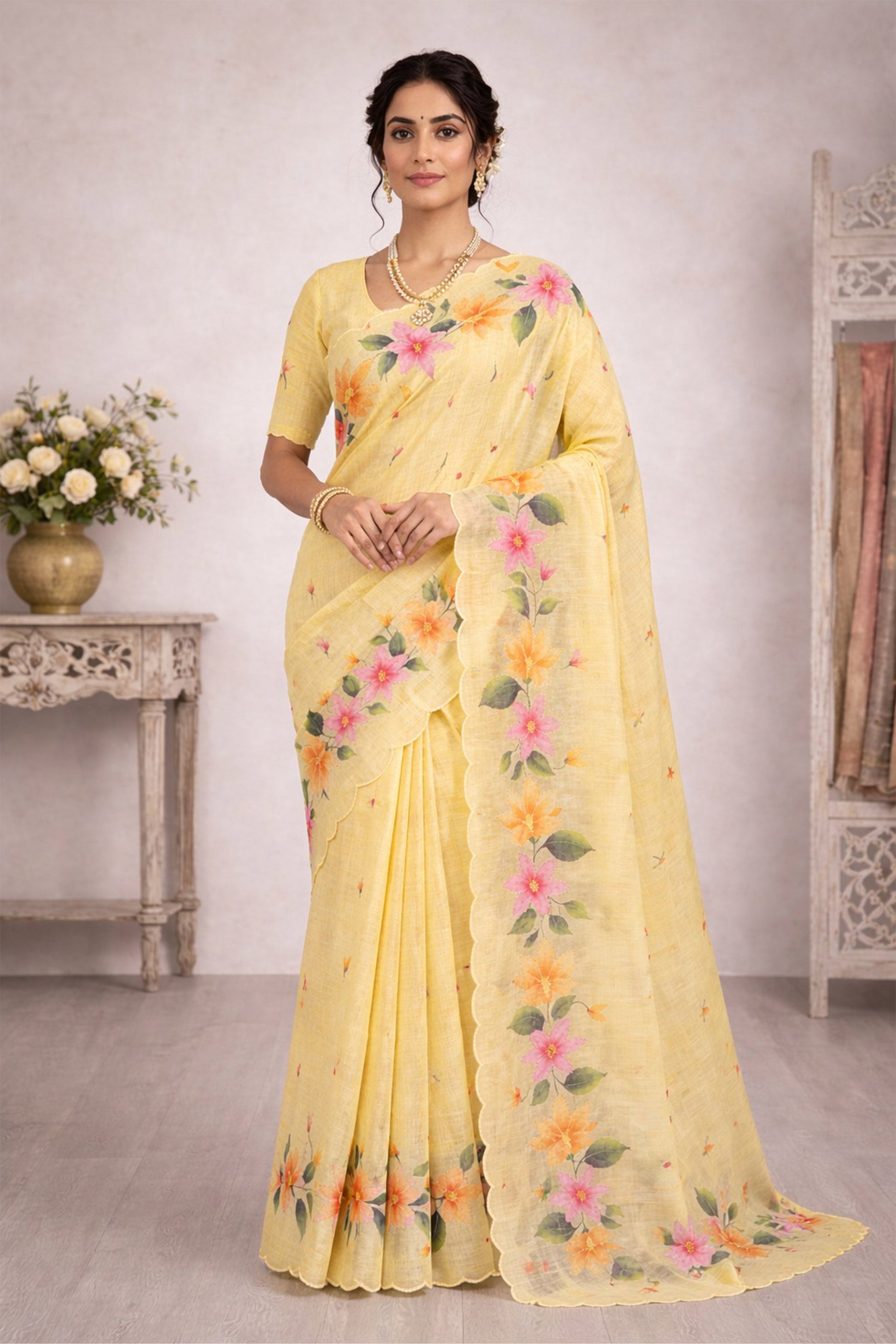 Sangam Prints Yellow Cotton Print Woven Work Traditional Saree - Dista