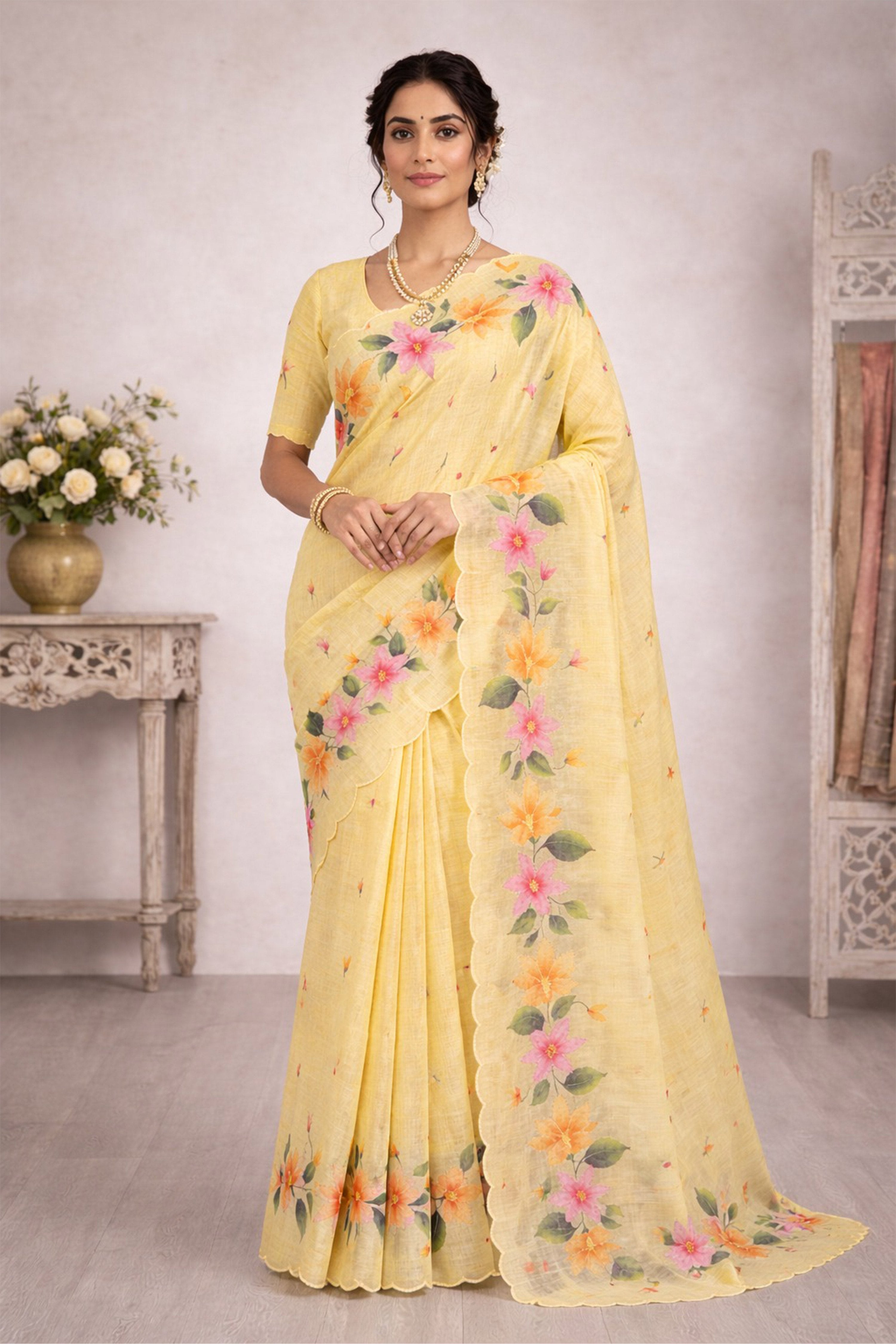 Sangam Prints Yellow Cotton Print Woven Work Traditional Saree - Dista