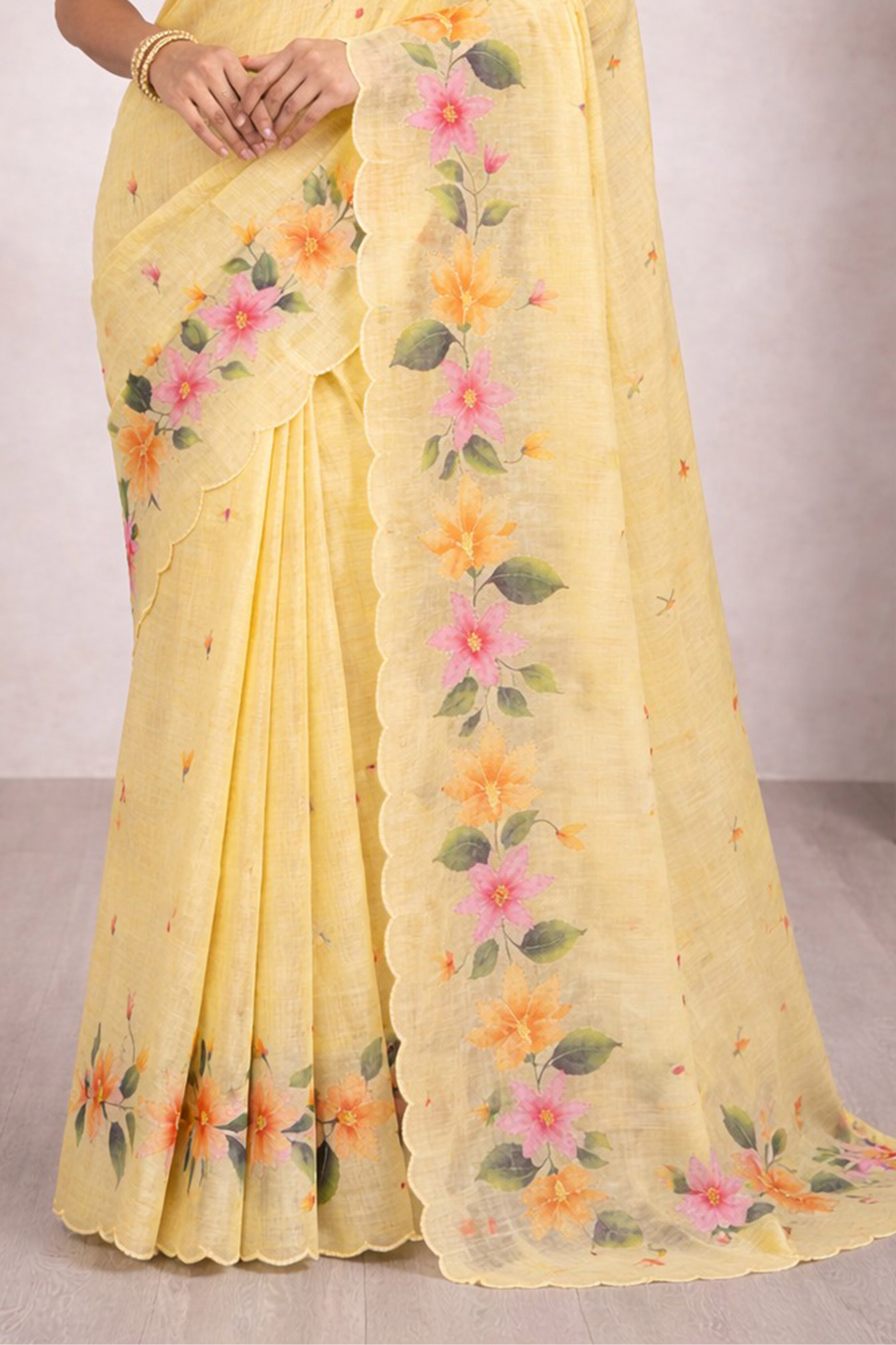 Sangam Prints Yellow Cotton Print Woven Work Traditional Saree - Dista