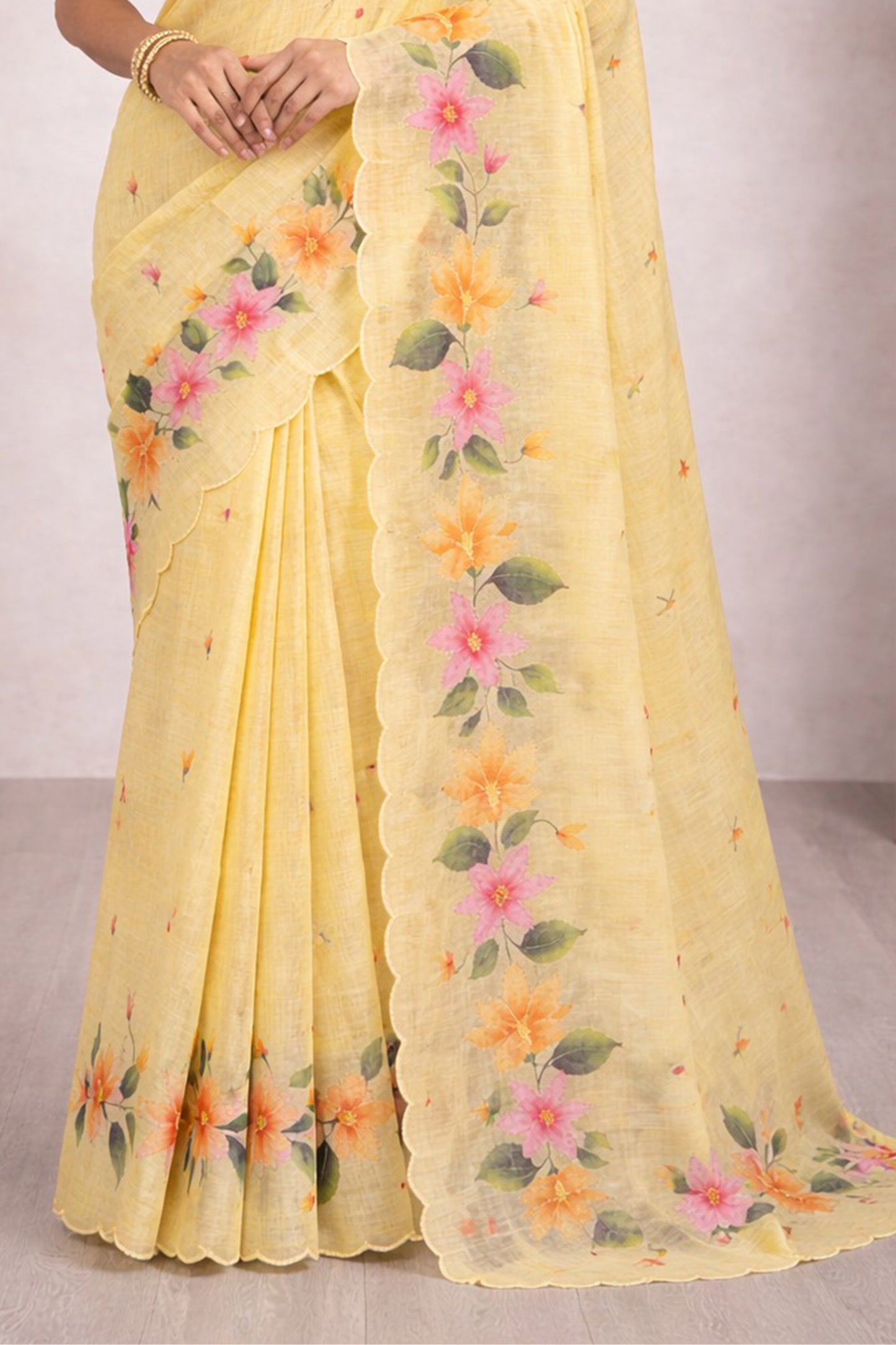 Sangam Prints Yellow Cotton Print Woven Work Traditional Saree - Dista