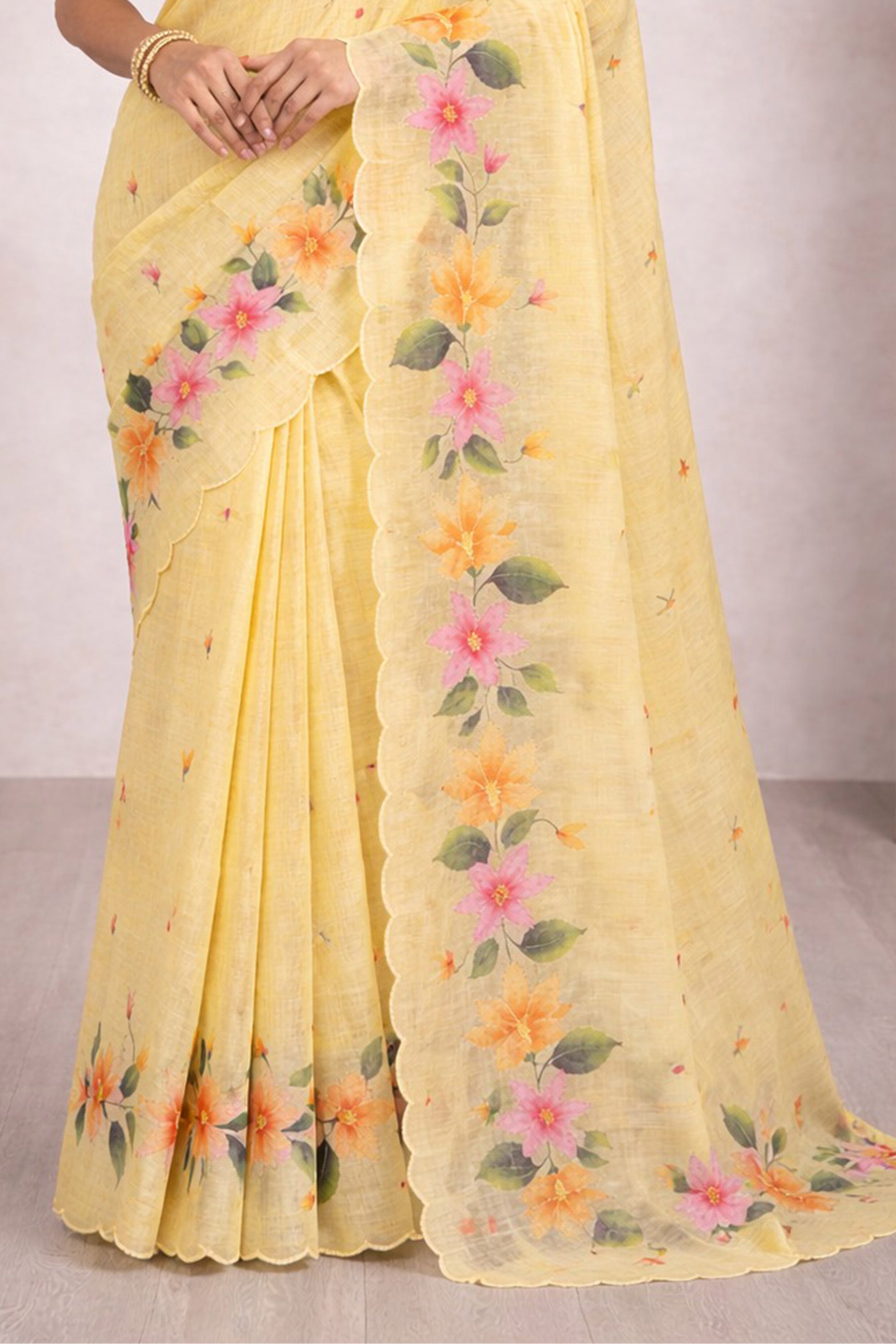 Sangam Prints Yellow Cotton Print Woven Work Traditional Saree - Dista
