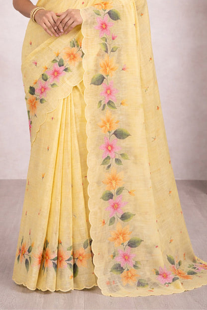Sangam Prints Yellow Cotton Print Woven Work Traditional Saree - Dista