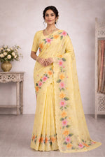 Thumbnail for Sangam Prints Yellow Cotton Print Woven Work Traditional Saree - Dista