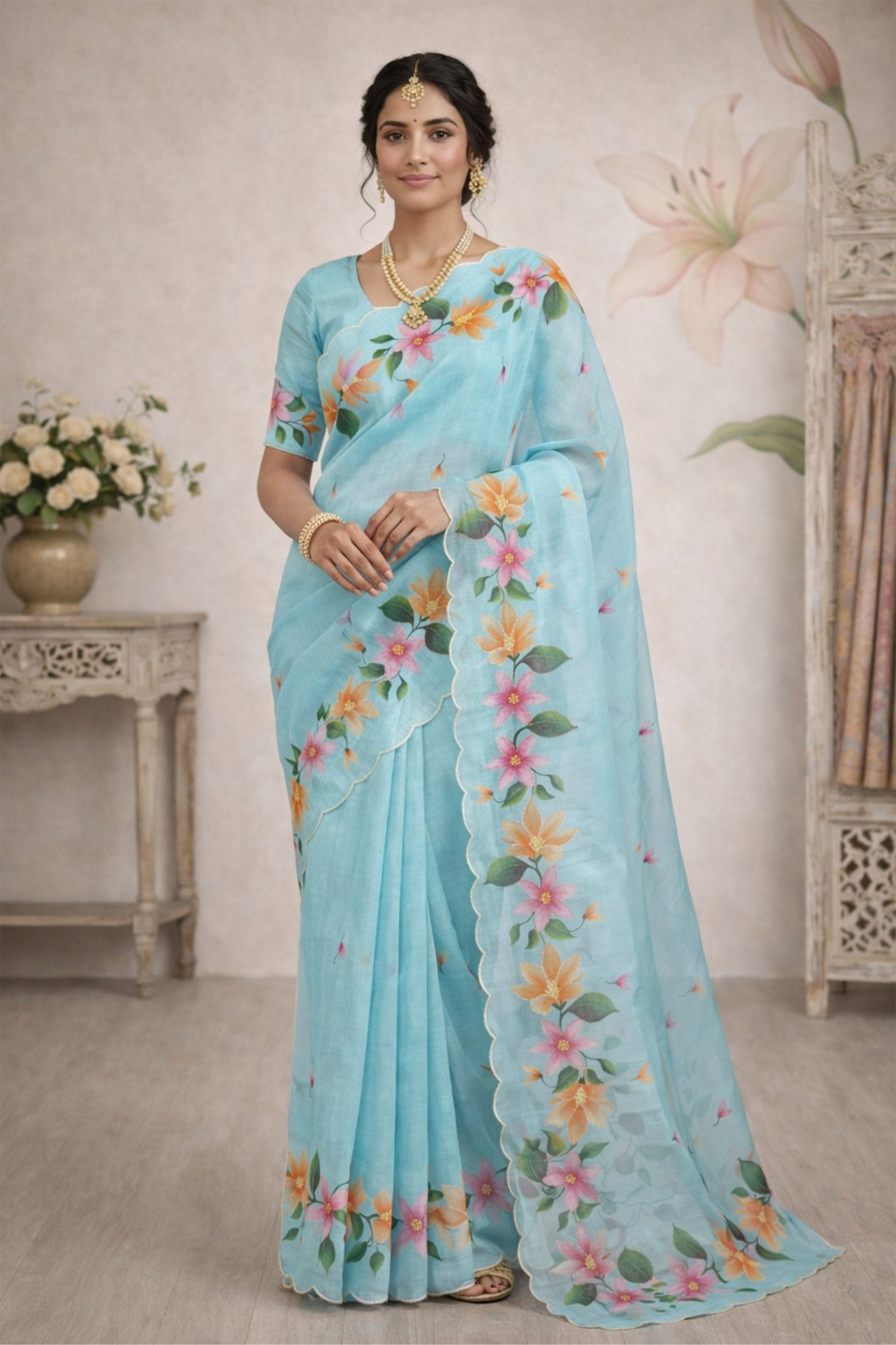 Sangam Prints Sky Blue Cotton Print Woven Work Traditional Saree - Dista