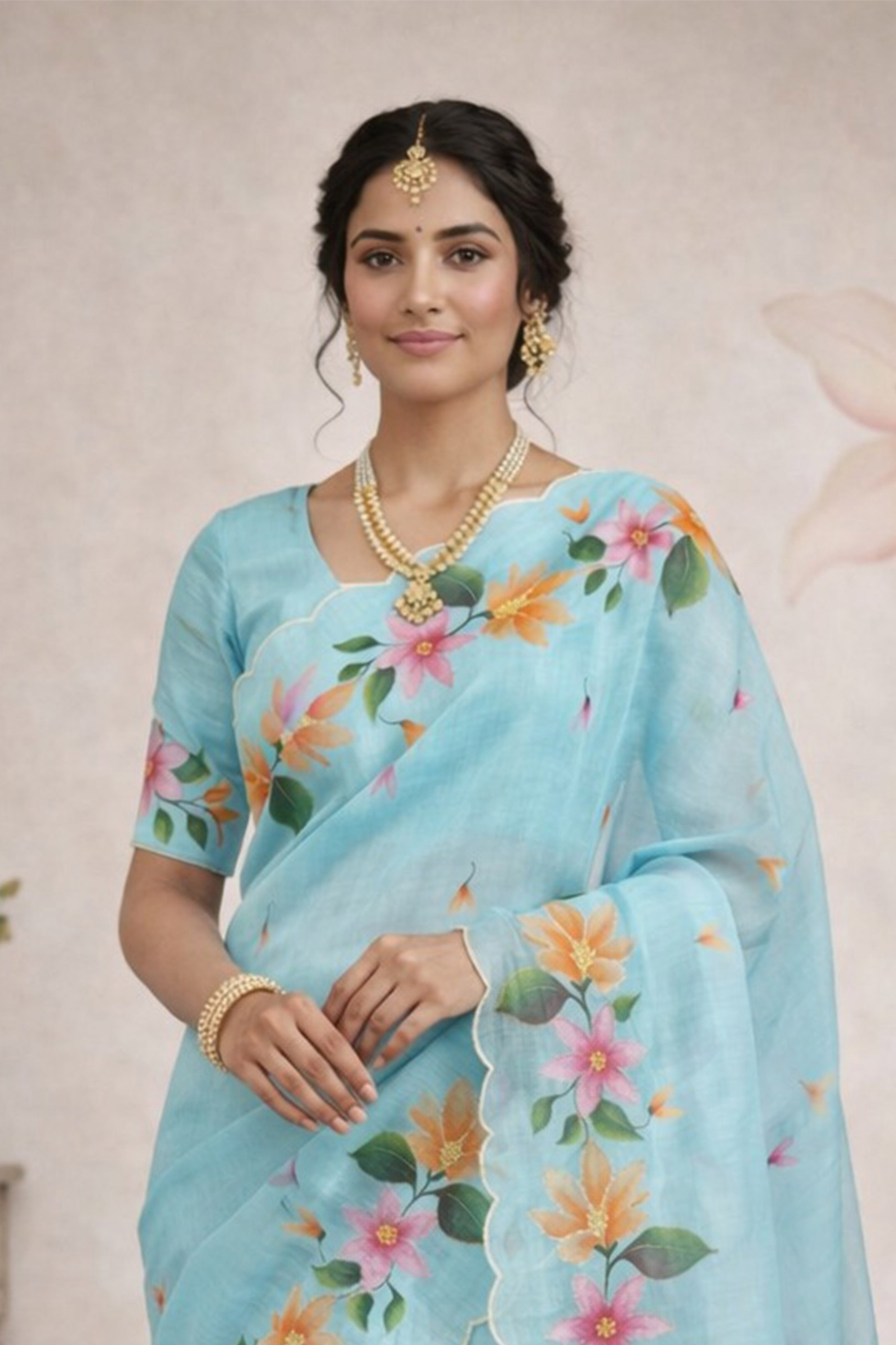 Sangam Prints Sky Blue Cotton Print Woven Work Traditional Saree - Dista
