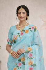 Thumbnail for Sangam Prints Sky Blue Cotton Print Woven Work Traditional Saree - Dista