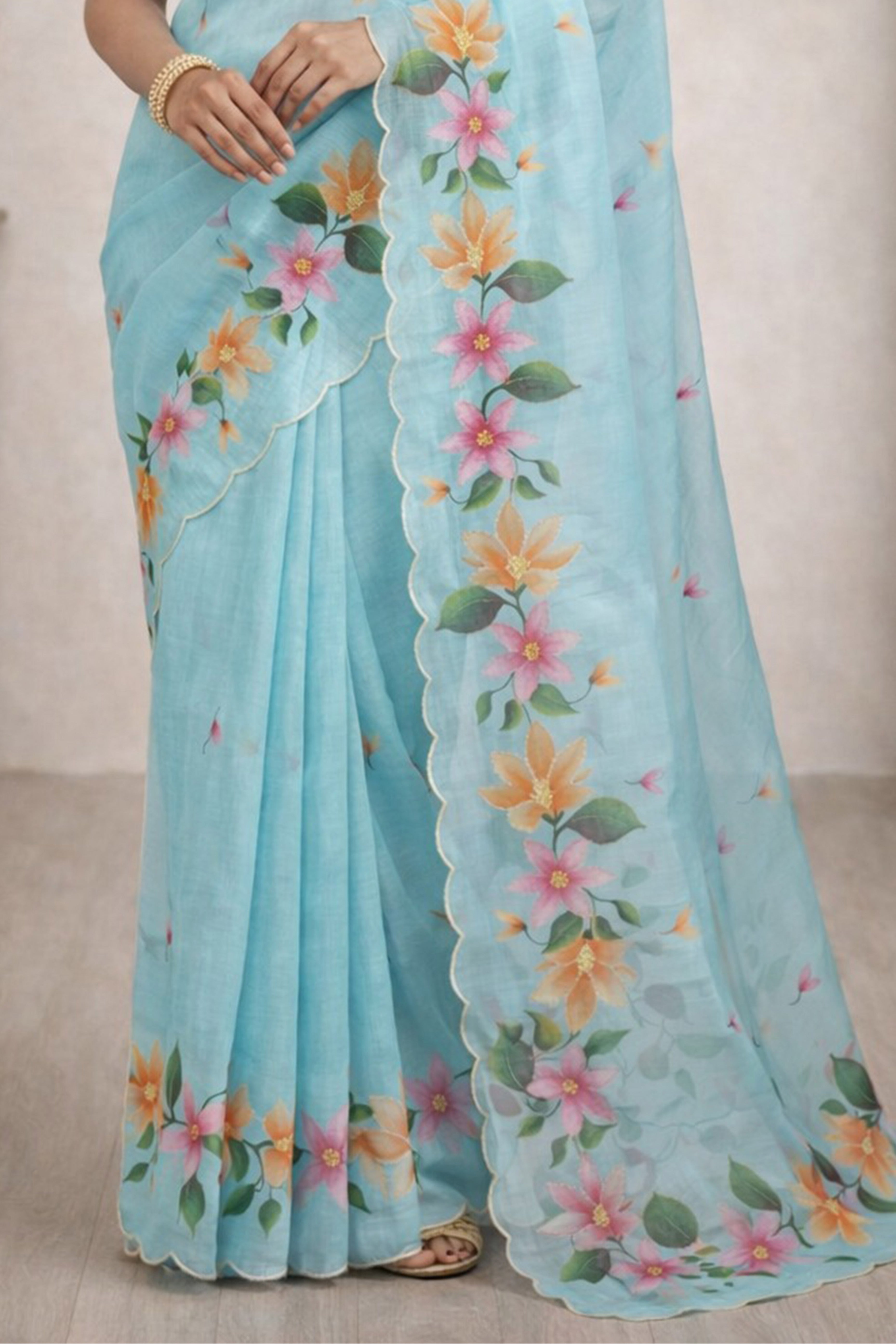 Sangam Prints Sky Blue Cotton Print Woven Work Traditional Saree - Dista