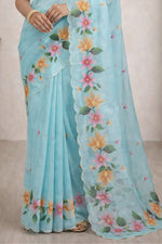 Thumbnail for Sangam Prints Sky Blue Cotton Print Woven Work Traditional Saree - Dista