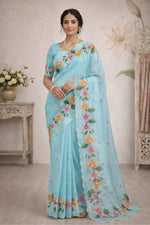 Thumbnail for Sangam Prints Sky Blue Cotton Print Woven Work Traditional Saree - Dista