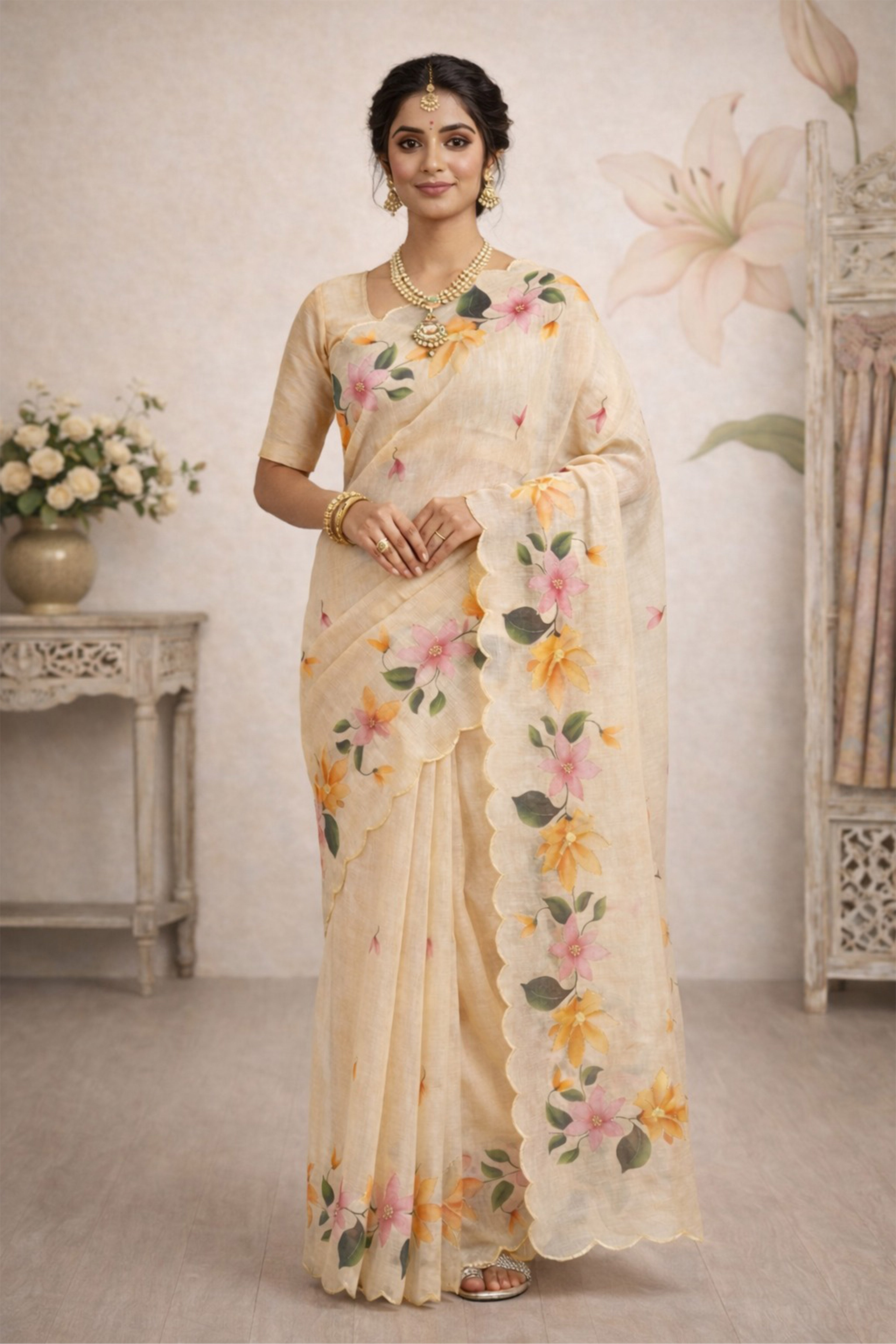 Sangam Prints Beige Cotton Print Woven Work Traditional Saree - Dista
