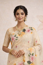 Thumbnail for Sangam Prints Beige Cotton Print Woven Work Traditional Saree - Dista