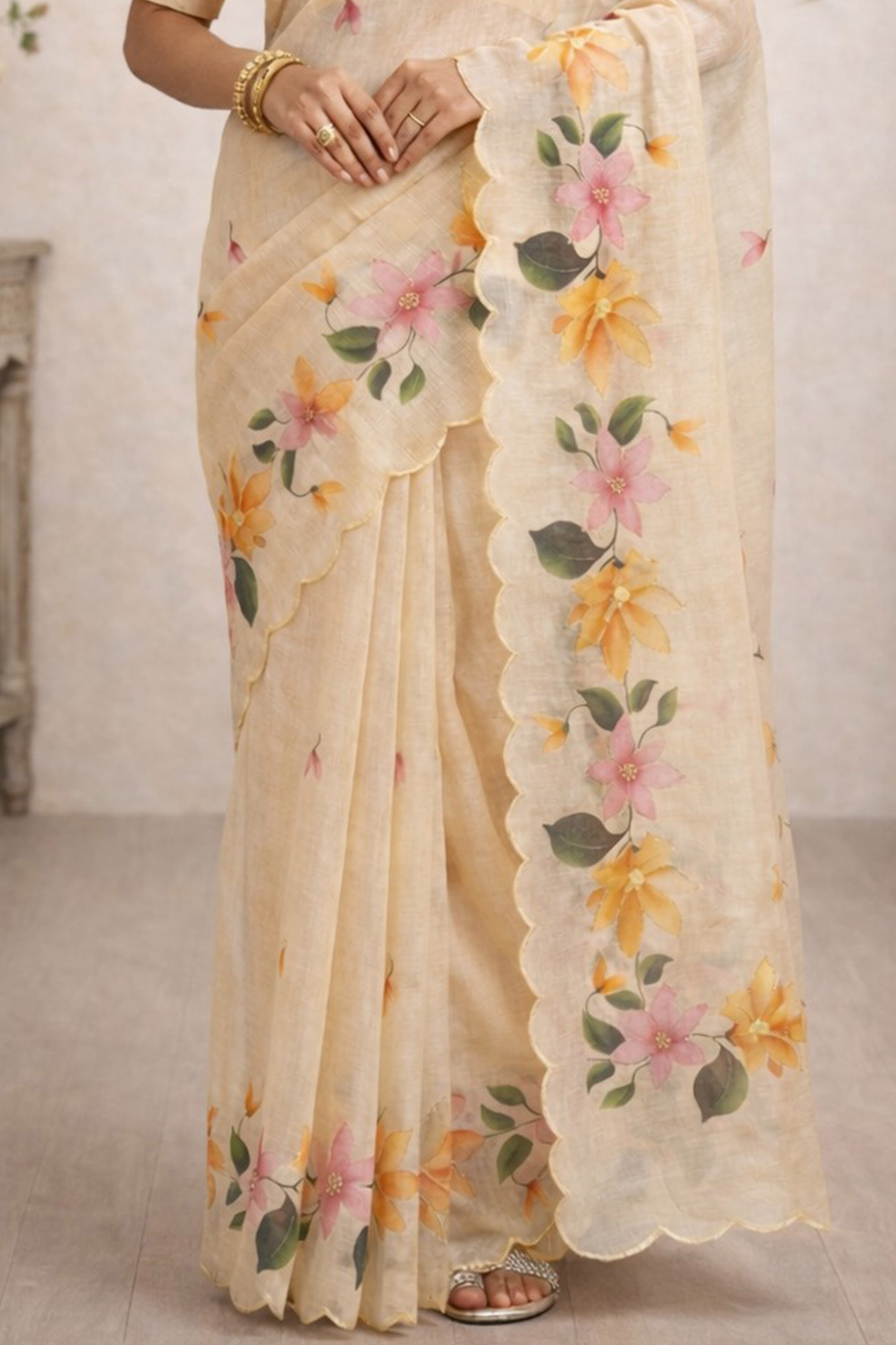 Sangam Prints Beige Cotton Print Woven Work Traditional Saree - Dista