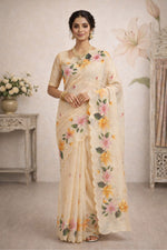 Thumbnail for Sangam Prints Beige Cotton Print Woven Work Traditional Saree - Dista