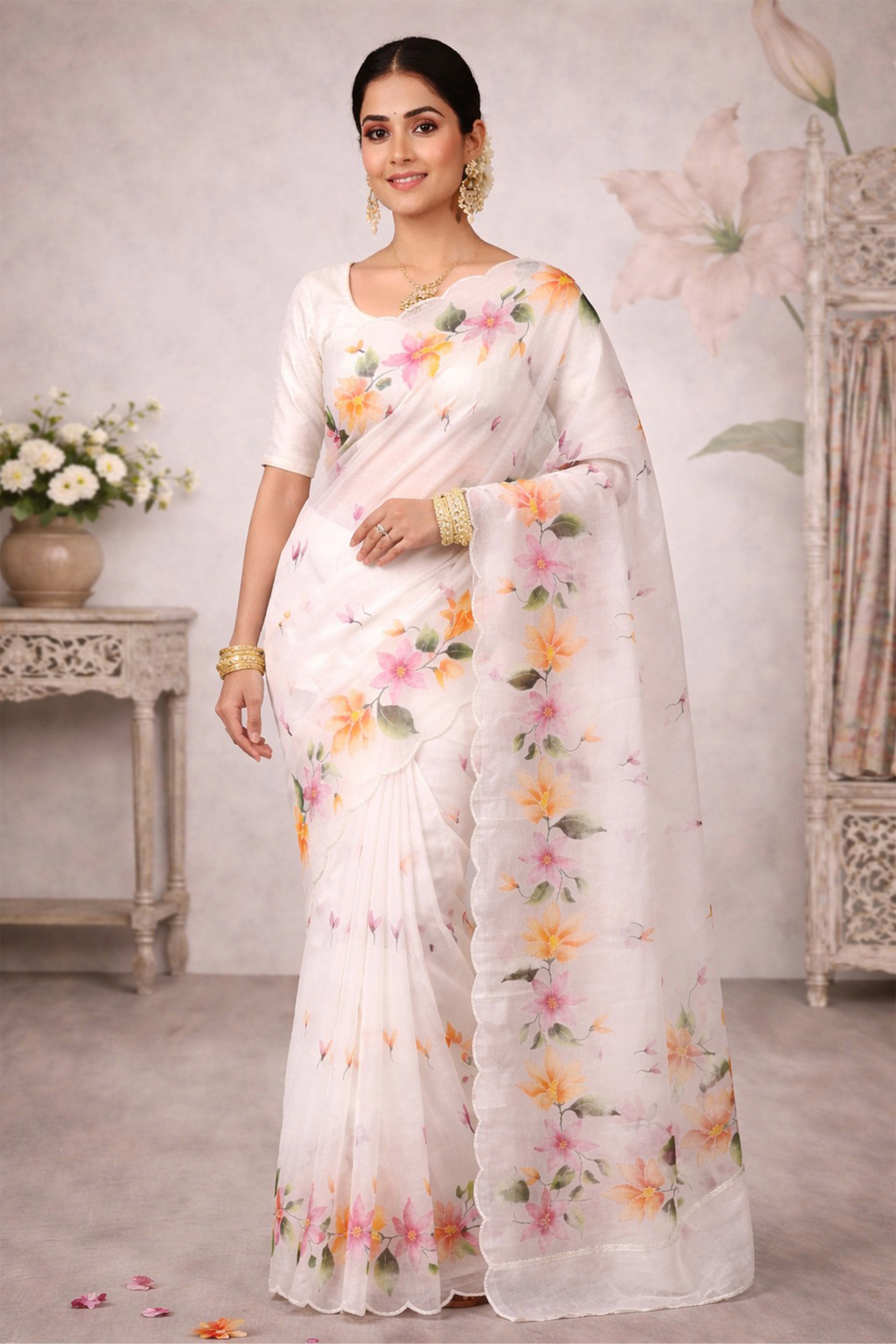 Sangam Prints Off-White Cotton Print Woven Work Traditional Saree - Dista