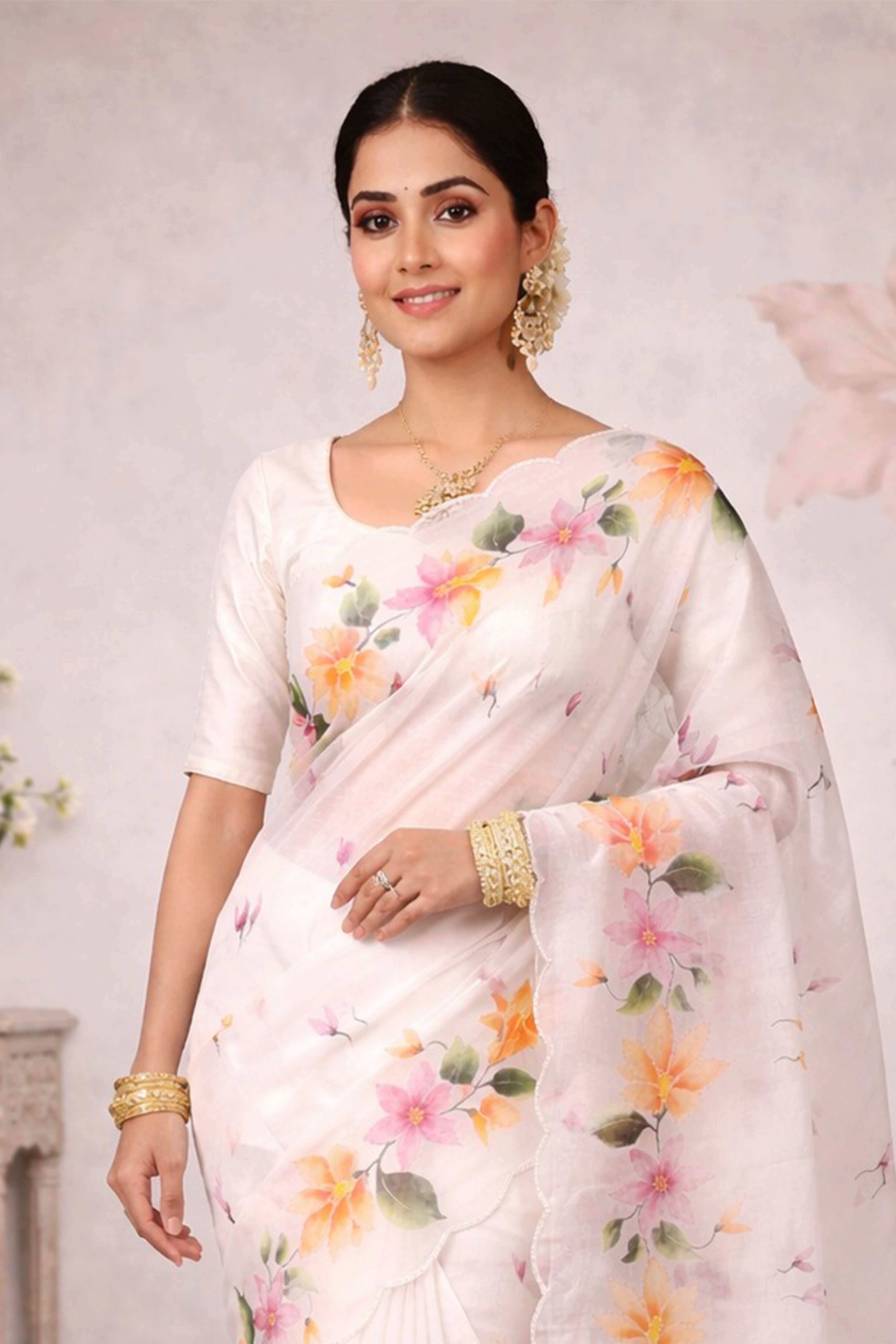 Sangam Prints Off-White Cotton Print Woven Work Traditional Saree - Dista