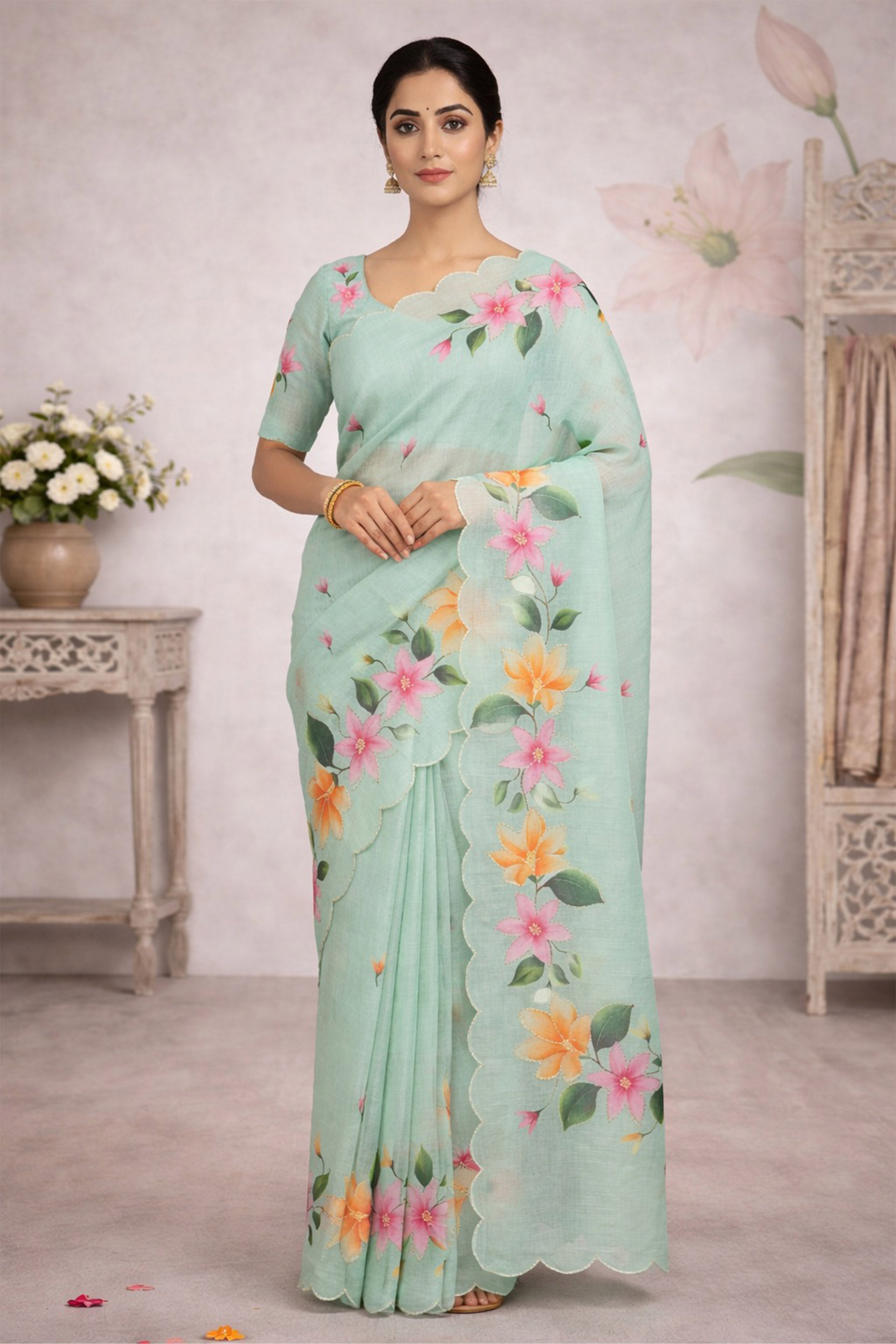 Sangam Prints Sea Green Cotton Print Woven Work Traditional Saree - Dista