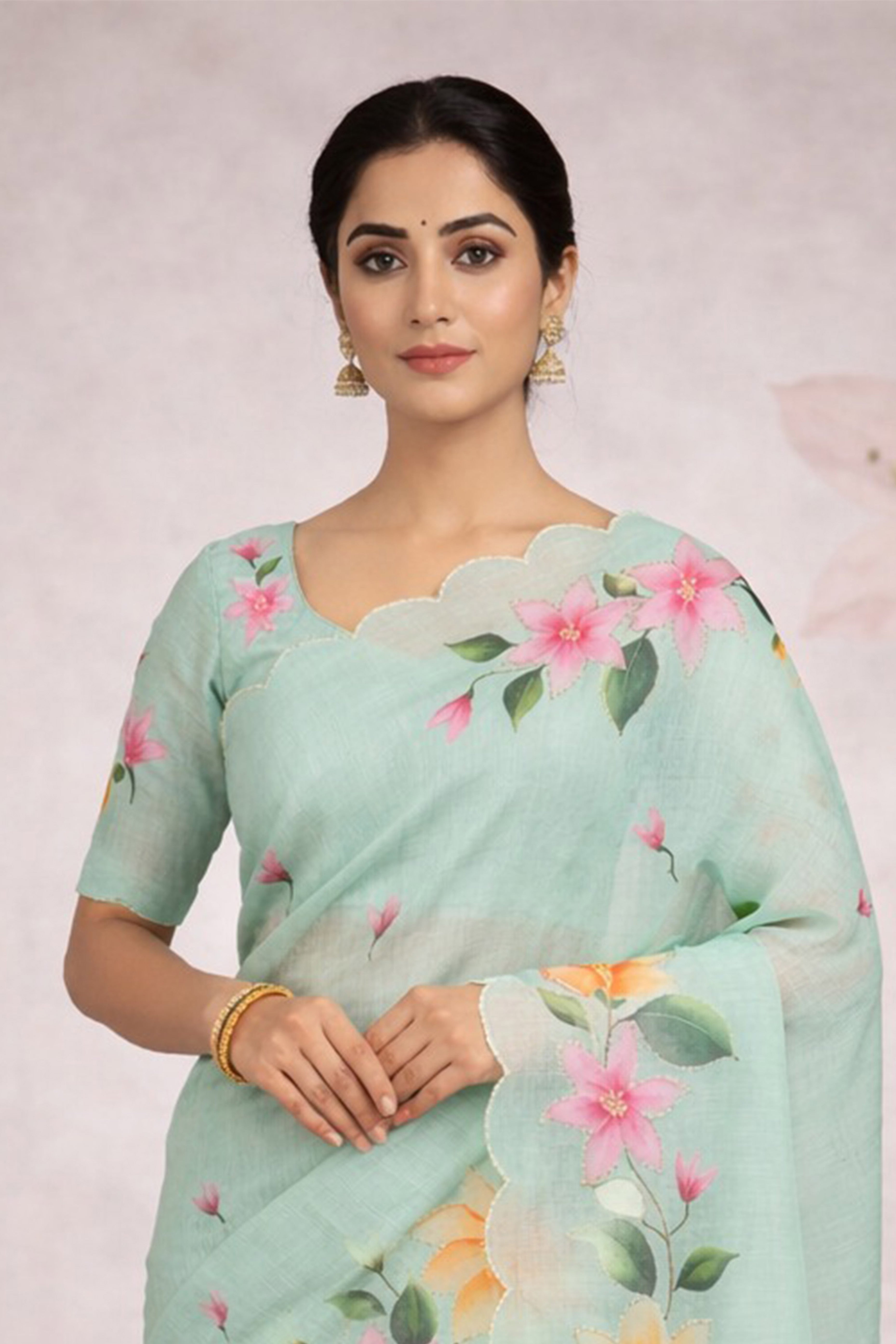 Sangam Prints Sea Green Cotton Print Woven Work Traditional Saree - Dista