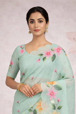 Thumbnail for Sangam Prints Sea Green Cotton Print Woven Work Traditional Saree - Dista