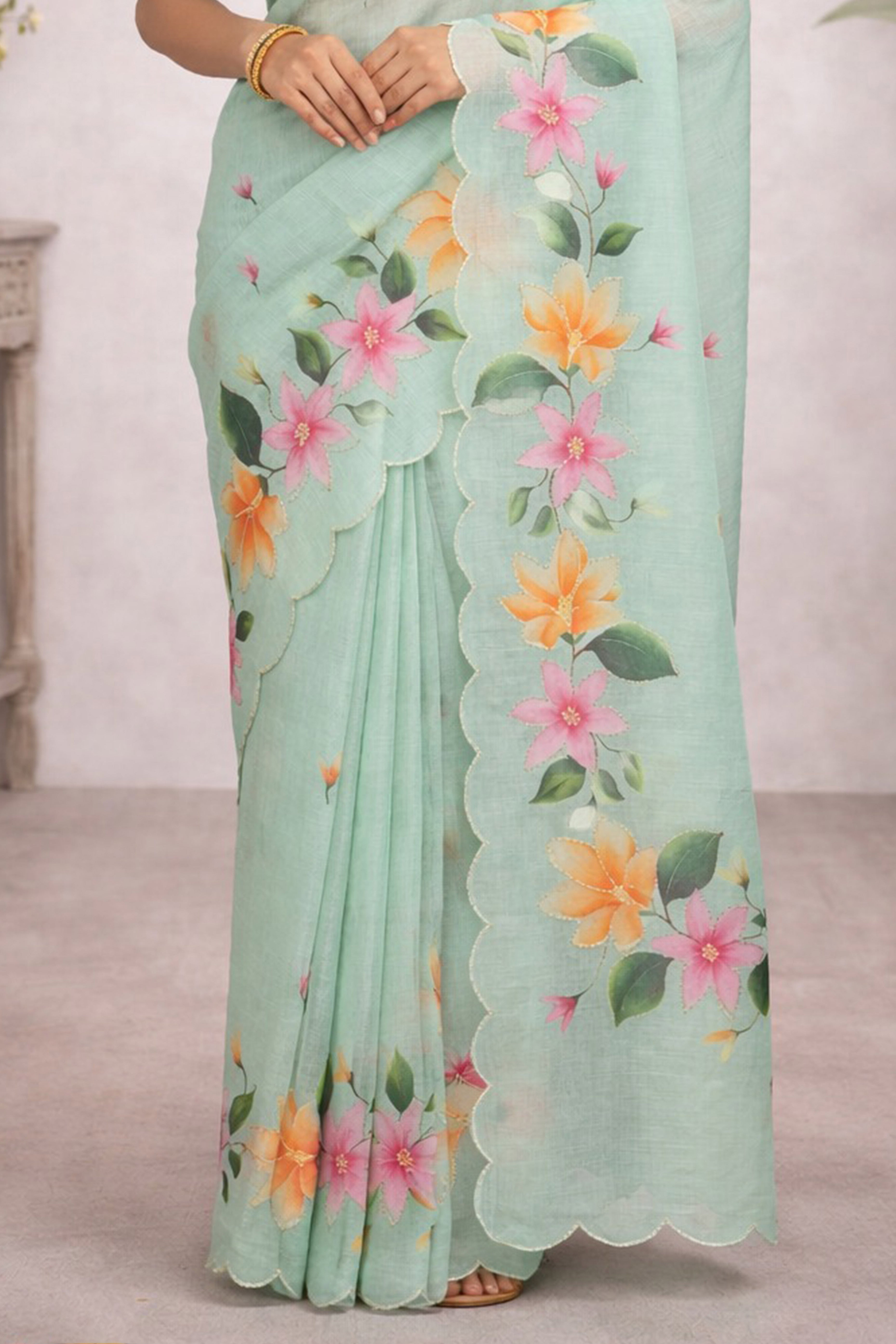 Sangam Prints Sea Green Cotton Print Woven Work Traditional Saree - Dista