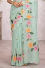 Thumbnail for Sangam Prints Sea Green Cotton Print Woven Work Traditional Saree - Dista