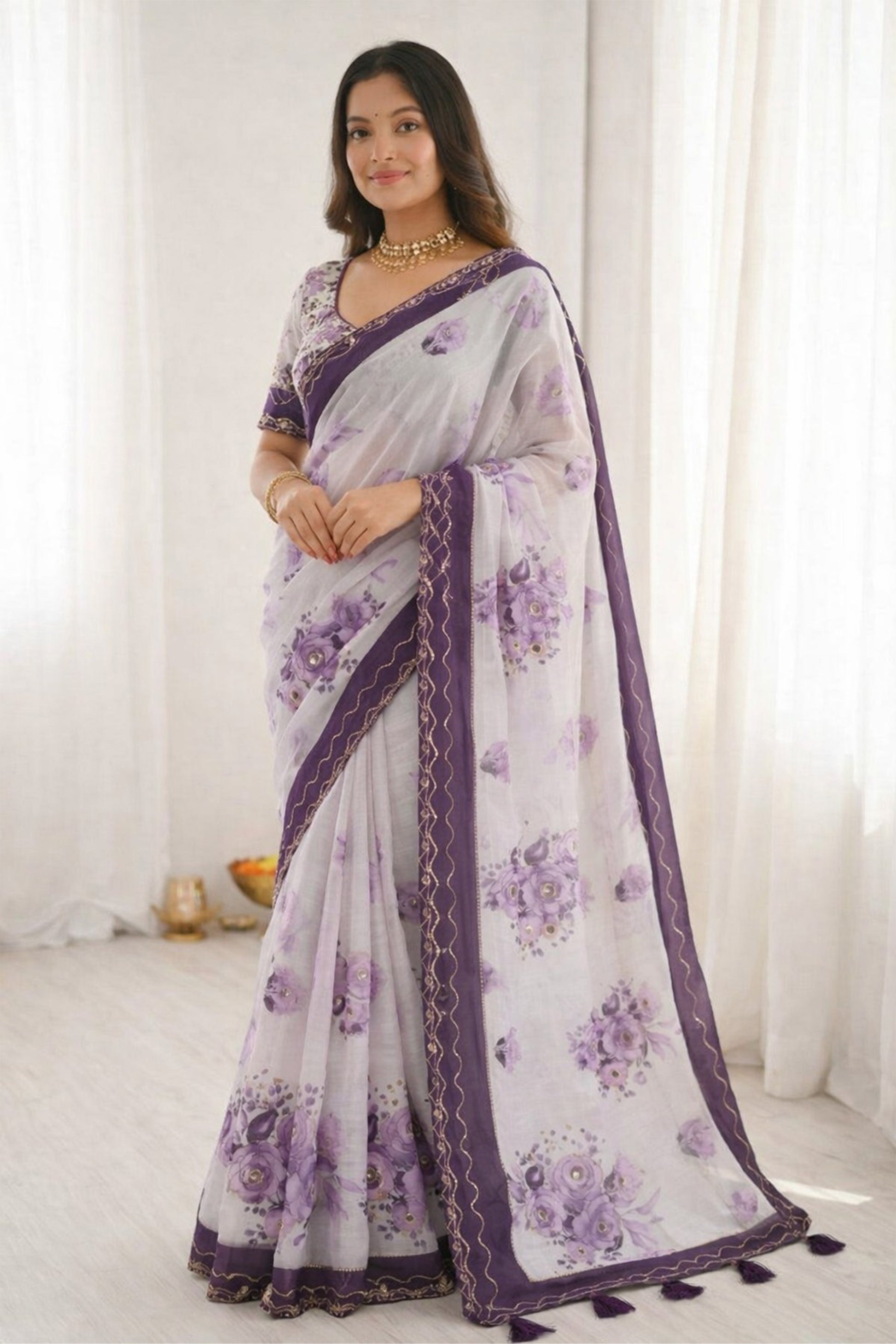 Sangam Prints Dark Purple Cotton Print With Aari Work Woven Work Traditional Saree - Dista