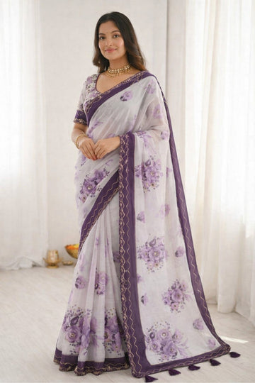 Sangam Prints Dark Purple Cotton Print With Aari Work Woven Work Traditional Saree - Dista
