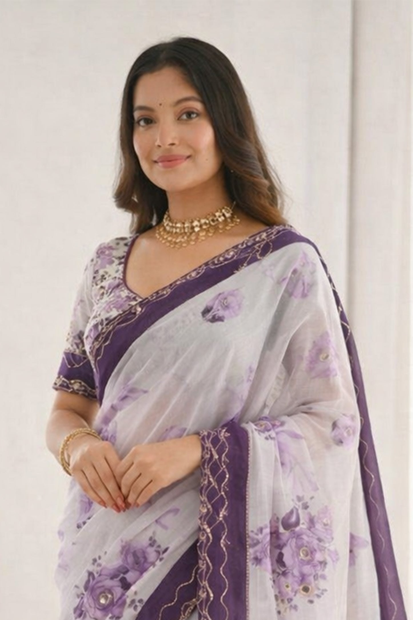 Sangam Prints Dark Purple Cotton Print With Aari Work Woven Work Traditional Saree - Dista