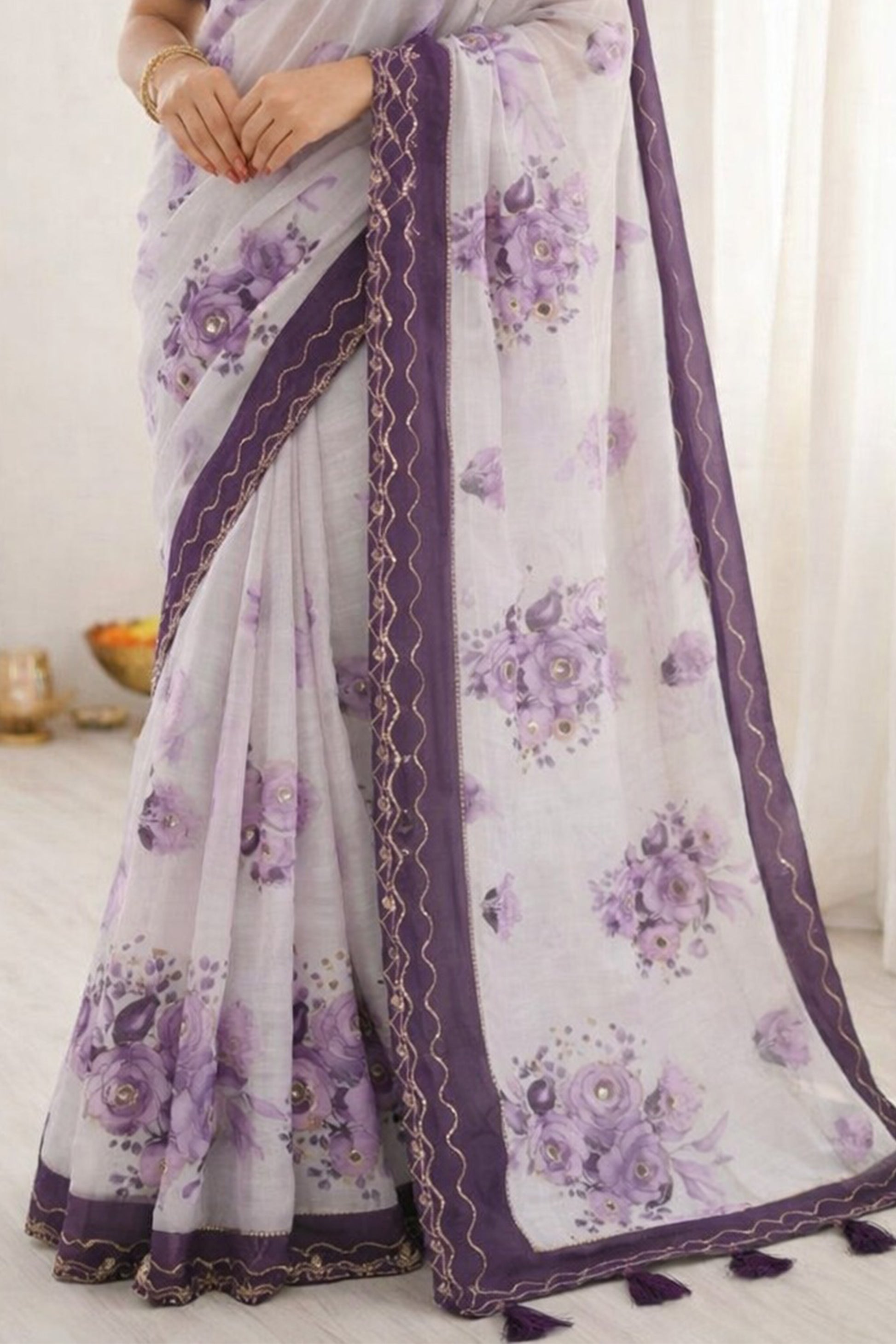 Sangam Prints Dark Purple Cotton Print With Aari Work Woven Work Traditional Saree - Dista