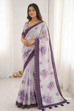 Thumbnail for Sangam Prints Dark Purple Cotton Print With Aari Work Woven Work Traditional Saree - Dista