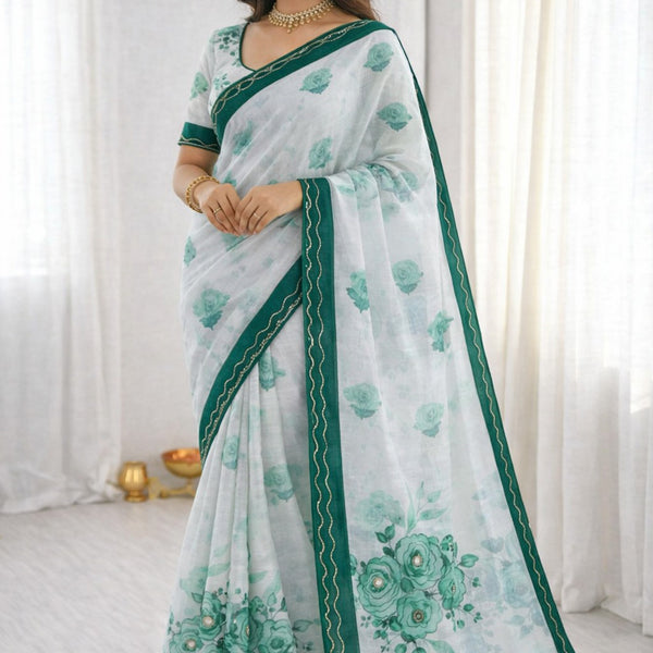 Sangam Prints Green Cotton Print With Aari Work Woven Work Traditional Saree - Dista