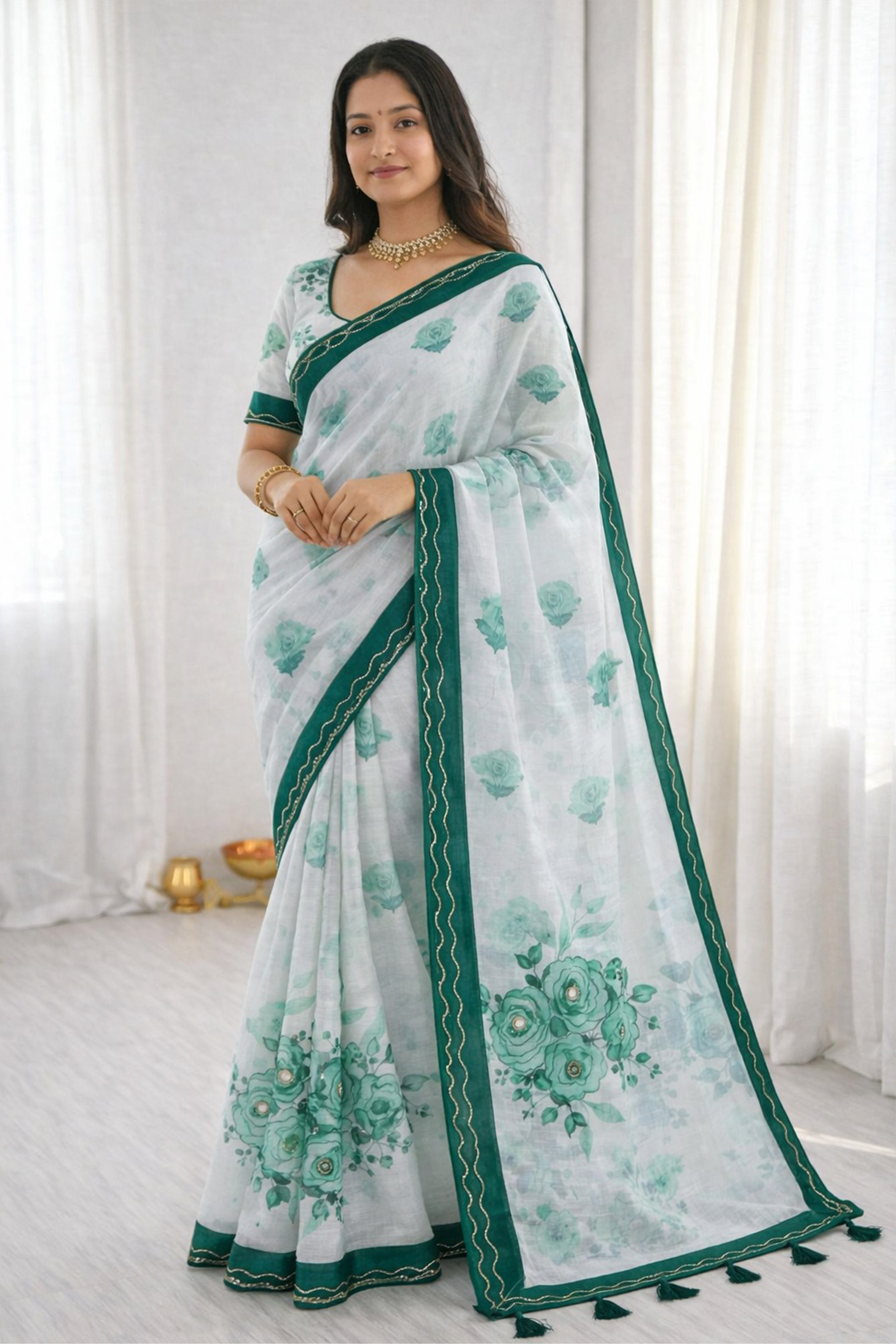 Sangam Prints Green Cotton Print With Aari Work Woven Work Traditional Saree - Dista