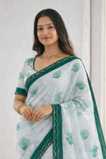 Thumbnail for Sangam Prints Green Cotton Print With Aari Work Woven Work Traditional Saree - Dista
