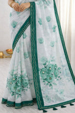 Thumbnail for Sangam Prints Green Cotton Print With Aari Work Woven Work Traditional Saree - Dista
