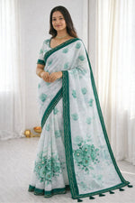 Thumbnail for Sangam Prints Green Cotton Print With Aari Work Woven Work Traditional Saree - Dista