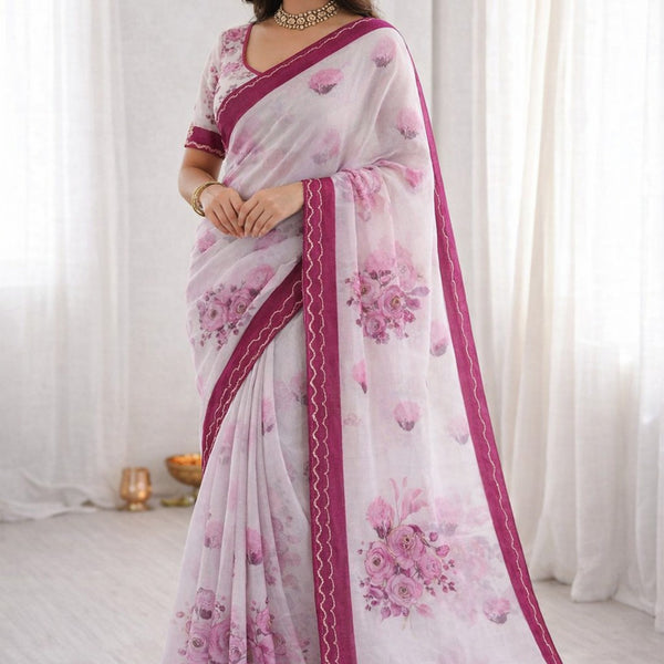 Sangam Prints Pink Cotton Print With Aari Work Woven Work Traditional Saree - Dista