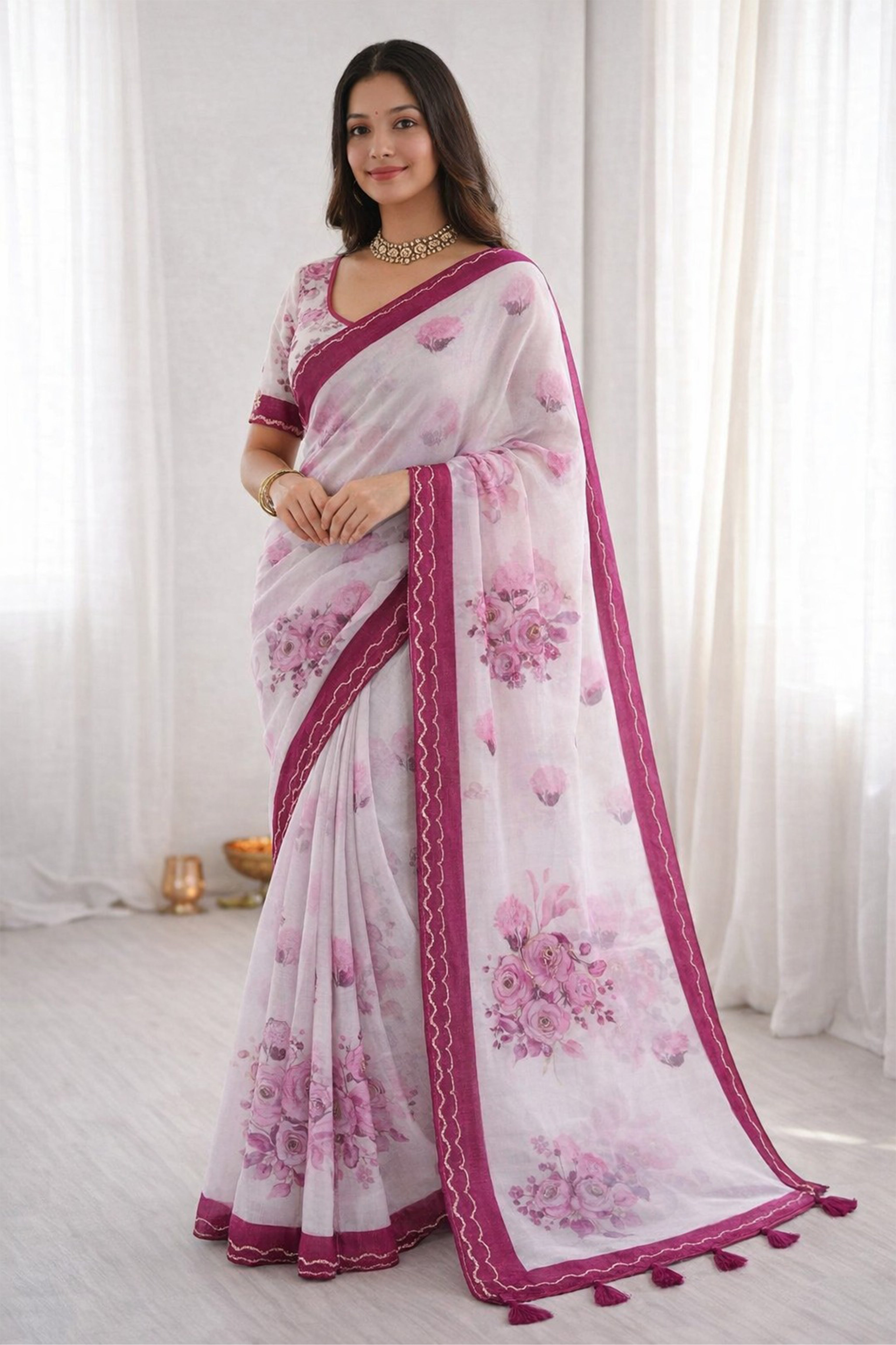 Sangam Prints Pink Cotton Print With Aari Work Woven Work Traditional Saree - Dista