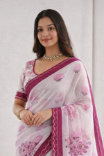 Thumbnail for Sangam Prints Pink Cotton Print With Aari Work Woven Work Traditional Saree - Dista